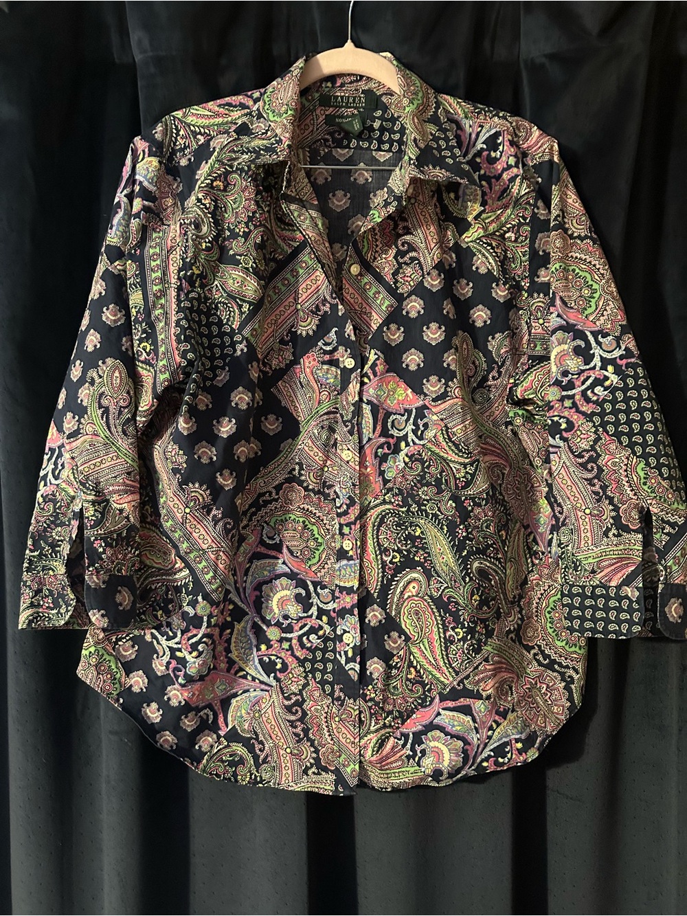 Vintage Lauren Paisley Button-Up Shirt with Black Background
